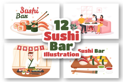 12 Sushi Bar Japan Asian Food Illustration