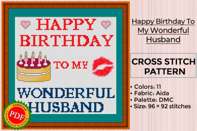 Happy Birthday To My Wonderful Husband Cross Stitch Pattern