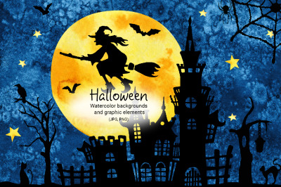 Halloween watercolor backgrounds and clipart