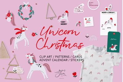 Unicorn Christmas clipart and patterns