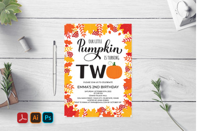Pumpkin 2nd Birthday Invitation Card Editable Template
