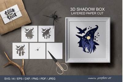 Halloween Witch hat 3D Shadow box. Layered papercut SVG