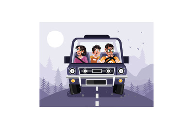 Family in car vector graphics illustration