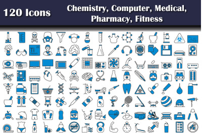 120 Icons Of Chemistry, Computer, Medical, Pharmacy, Fitness