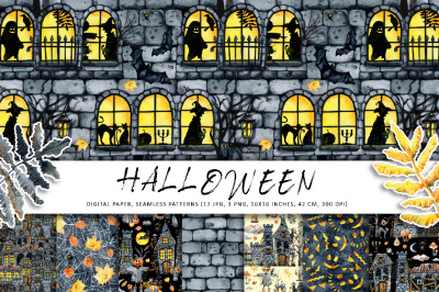 Castle Happy Halloween digital paper seamless patterns