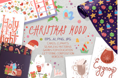 Christmas mood. Pattern, clipart, game, lettering