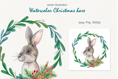 Watercolor Christmas hare