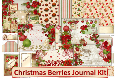 Printable Christmas Berries Journal Kit with Free Ephemera. JPEG and PDF. 21 pages. A4 size