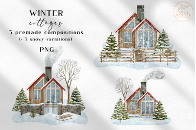 Christmas House Clipart. Watercolor Winter Farmhouse PNG