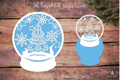 Snow globe svg papercut with Christmas tree and hares