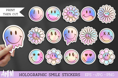 Holographic Stickers PNG | Retro Smile Face Sticker Bundle