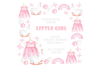 Little girl watercolor frame. Watercolor clipart. Pink dress, toys.