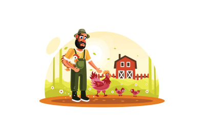 Farmer and Chickens in Farm