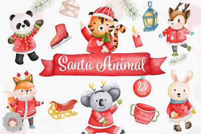 Watercolor Santa Animal Clipart | Christmas Illustration Bundle