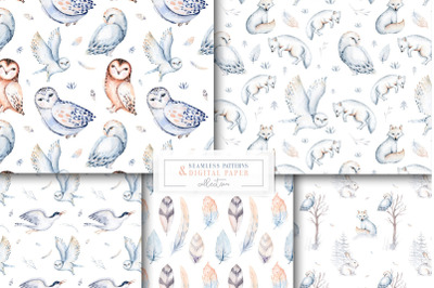 Watercolor snowy owls, arctic fox, ferns seamless pattern scrapbooking digital paper set