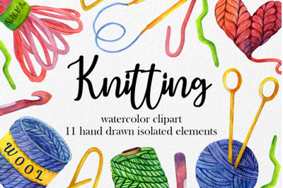 Watercolor knitting and crochet clipart, needlework PNG