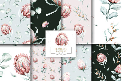 Watercolor blossom flower protea&amp;tropical floral palm digital pattern