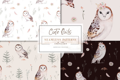 Watercolor scandinavian forest baby owl animals seamless pattern