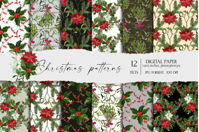 Christmas Holiday Digital Paper JPG, Winter Floral seamless patterns