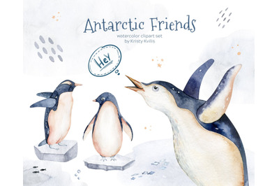 Watercolor penguins clipart set. Polar tern, ice, stars snowflakes PNG
