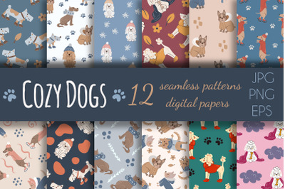 Cozy dogs digital papers seamless patterns set