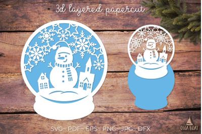 Snow globe svg papercut with Snowman and Christmas town