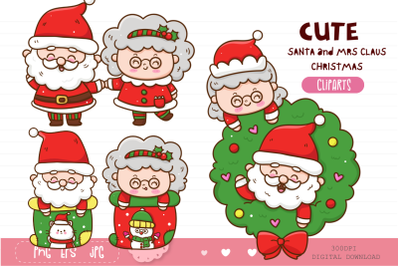 Cute Santa and mrs claus, Christmas Character kawaii clipart
