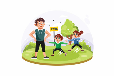 Father and Children doing Sport in Park Vector Illustration