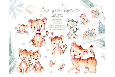 Watercolor baby Tiger. Symbol of the New year Cute cartoon animal