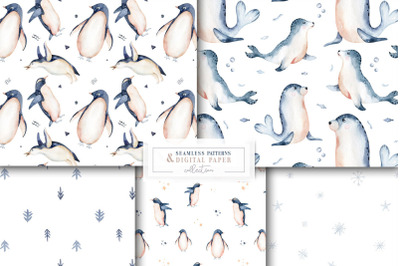 Watercolor penguin seamless patterns set. Penguins, seal, snowflakes