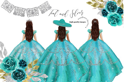 Elegant Teal and Silver Princess Dress Clipart&2C; Teal Silver Flowers