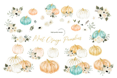 Mint Blue, Orange &amp; White Cream Flowers Pumpkin clipart