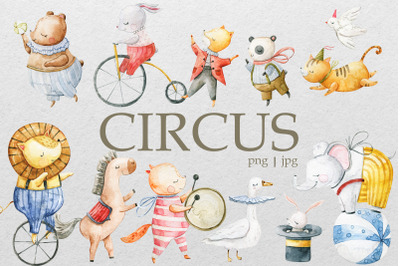 Watercolor Circus Clipart, Animals