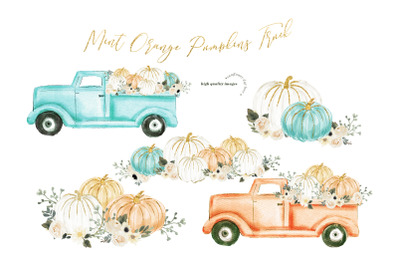Mint Blue and Orange Pumpkin Truck Clipart