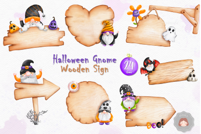 Halloween Gnome Wooden Sign Clipart  | Watercolor Gnome Illustration B