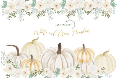 Elegant Creamy White Pumpkin Clipart, White flowers Gold Pumpkin