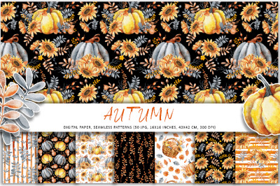 Autumn watercolor digital paper with seamless patterns