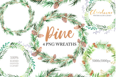 Watercolor Forest Pine Wreaths Clipart