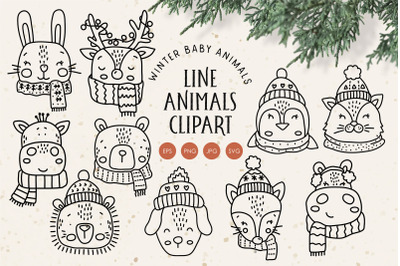 Winter line animals clipart, Christmas Animals clipart