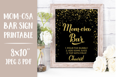 Mom-osa Bar Sign Printable. Black and Gold Baby Shower Sign