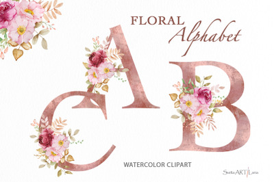 Watercolor floral alphabet clipart