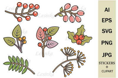 Autumn leaves and berries, clipart and stickers