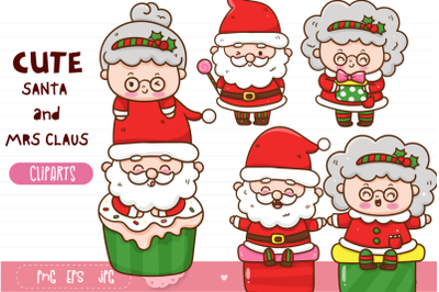Christmas Character. Cute Santa and mrs claus kawaii clipart