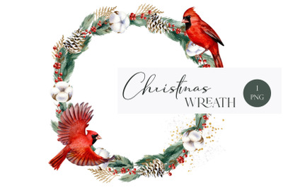 Christmas wreath Cardinal clipart, Winter frame png, Watercolor holida