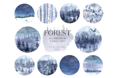 Watercolor Winter Landscapes Clipart