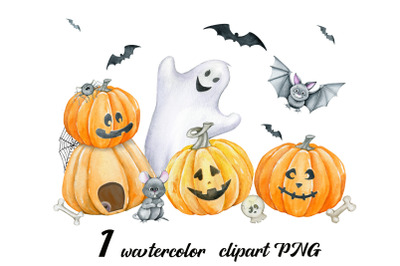 boo! Watercolor clipart, text design, Halloween