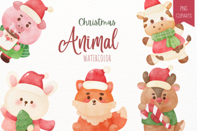 Christmas animal. Christmas watercolor kawaii clipart santa