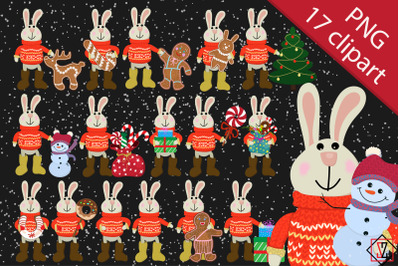 Bundle Clipart Christmas bunny with gifts