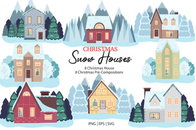 Christmas Village Houses Clipart Vector Set