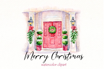 Christmas Scene Clipart, Holiday door, winter illustration.